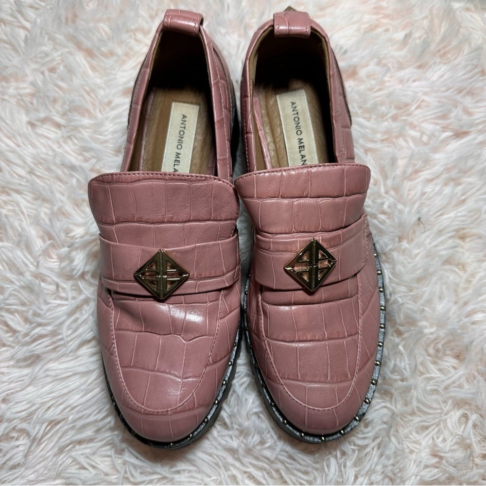 ANTONIO MELANI Blush Croc-Patterned Arrllo Leather Lug Sole Loafers size 6.5